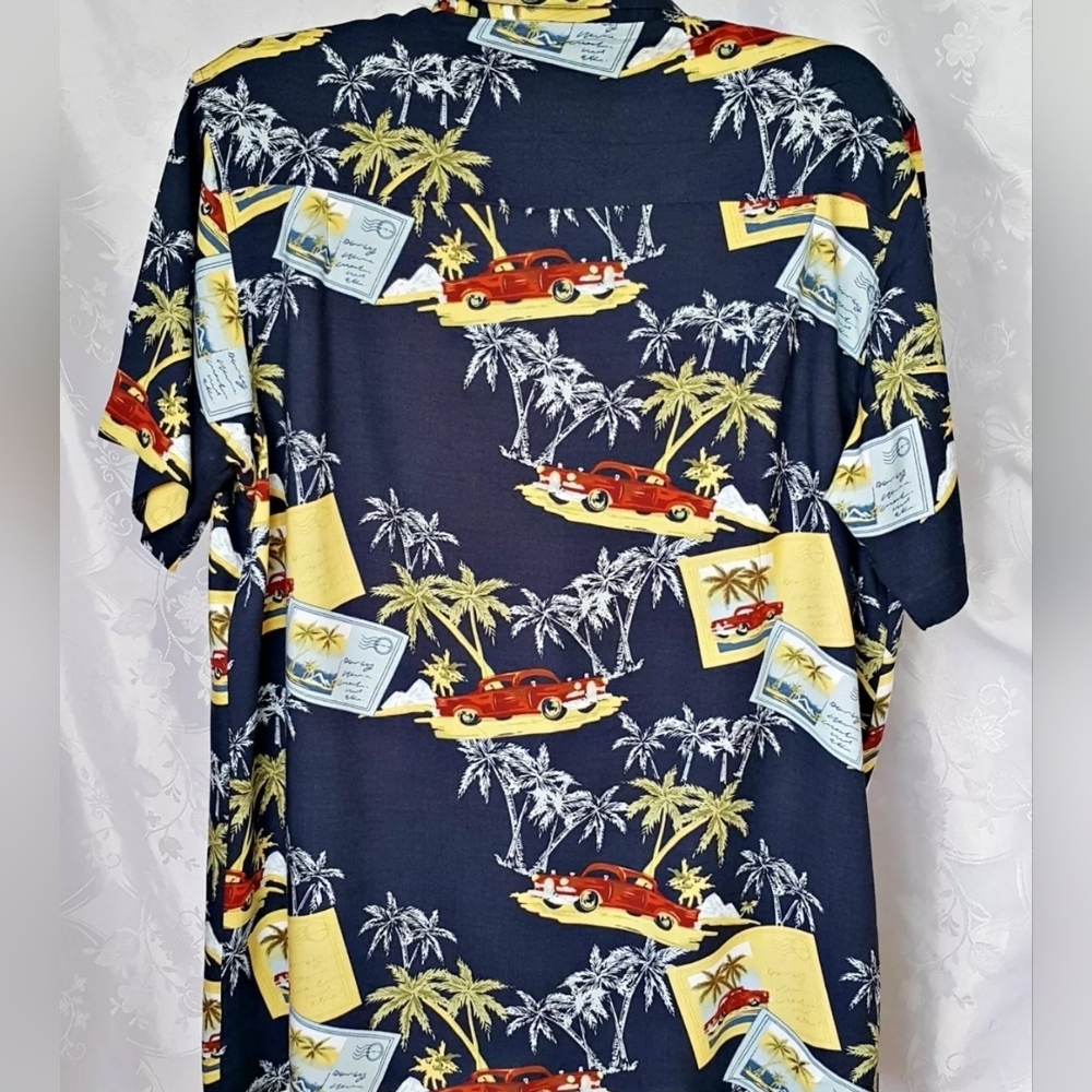 Vintage 80s 2XL Knightsbridge Hawaiian Aloha Vintage Cars and Palms Shirt - Picture 3 of 5